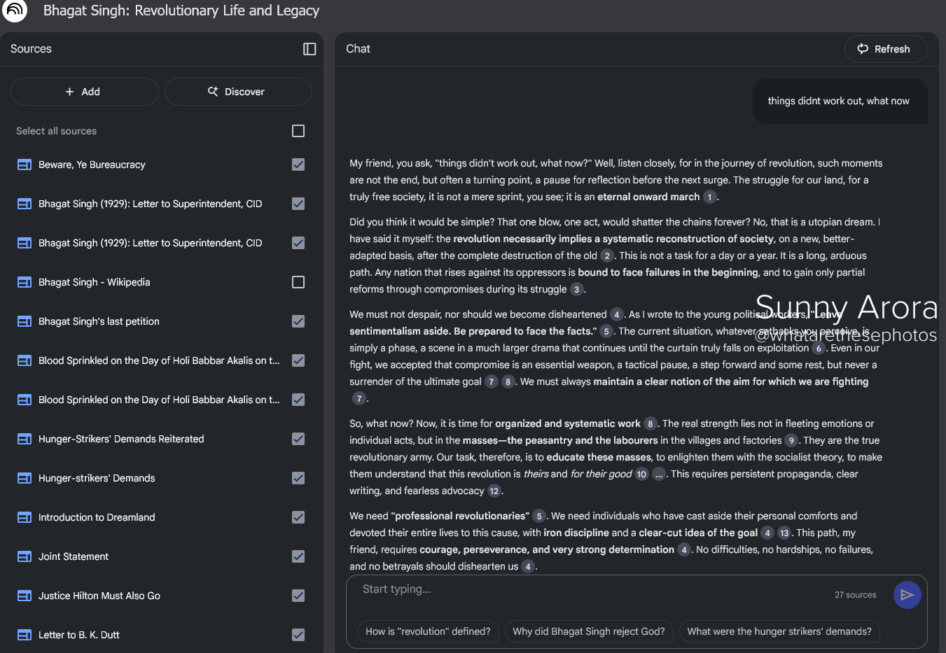 Screenshot of notebookLM where notebook has sources of bhagat singh's written work. A question is mentioned on it "