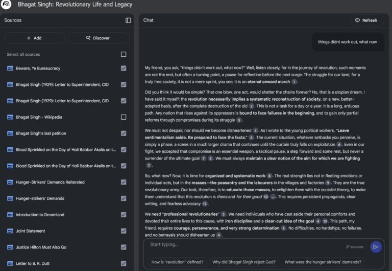 Screenshot of notebookLM where notebook has sources of bhagat singh's written work. A question is mentioned on it "